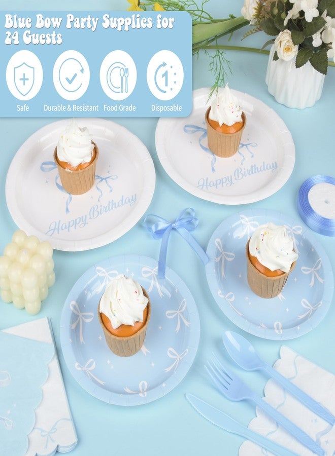THAWAY Blue Bow Birthday Party Supplies, 220Pcs Coquette Birthday Decorations Includes Bow Plates Napinks Cups Straws Cutlery Tablecloths Banners and Balloons Blue Bow Theme Tableware Serves 24 Guests - Image 5